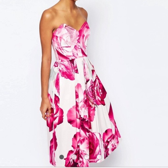 ASOS Dresses & Skirts - ASOS Bright Pink Floral Bandeau Midi Prom Dress 4